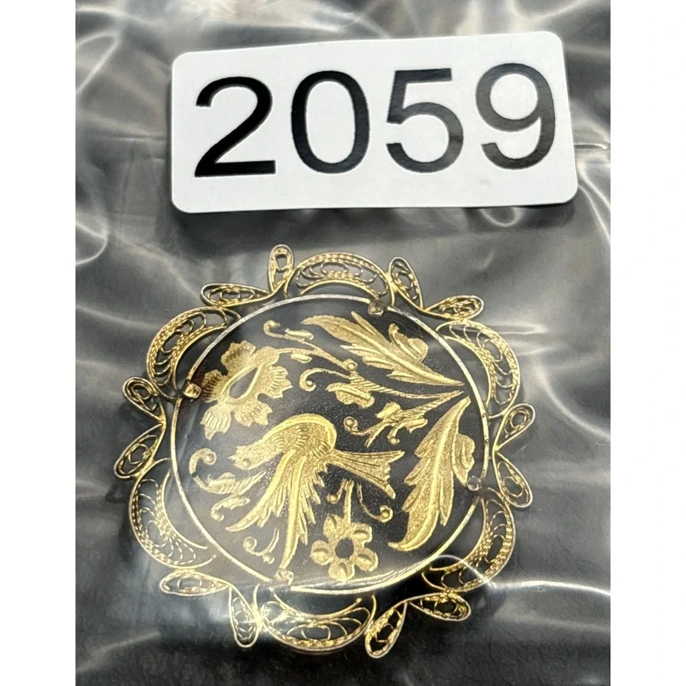 Vintage Damascene Bird Black Enamel Flower Brooch Filigree Gold Tone